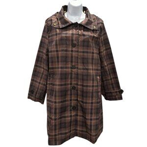 FELLER Seattle Raincoat‎ Brown Plaid Hooded Jacket Women’s L – Rare Print